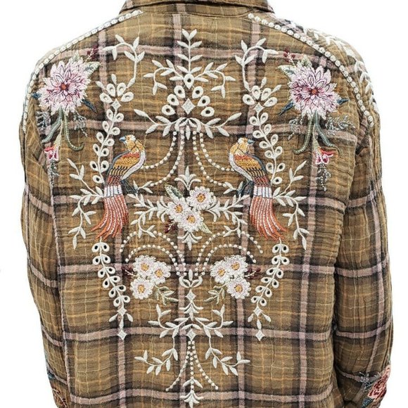 Johnny Was Brown Plaid Button Down Shirt with Floral Embroidery - Picture 2 of 3